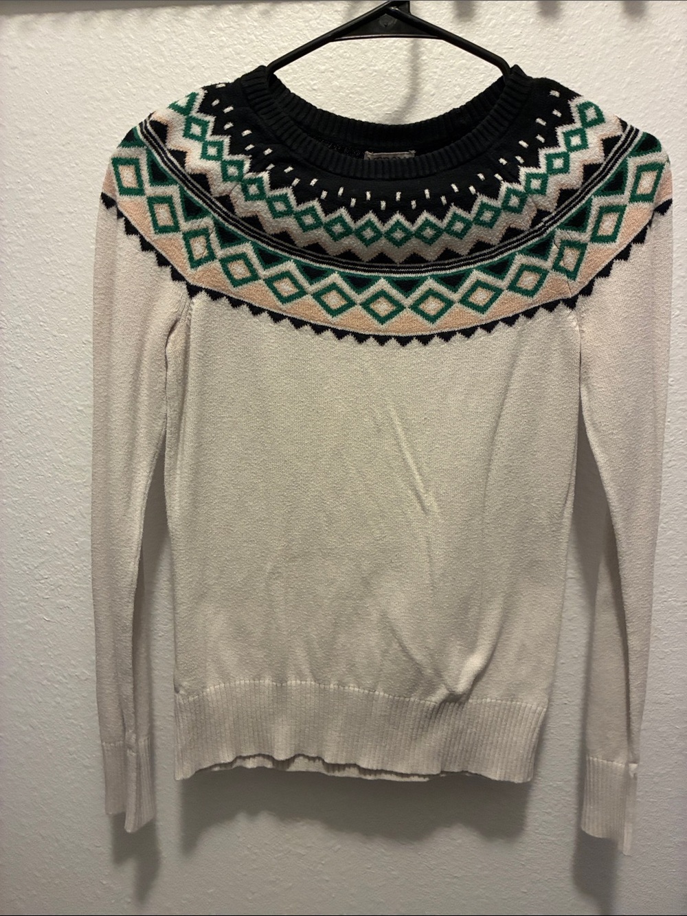 Merona Cream Crewneck Sweater with Black and Green Fair Isle Yoke